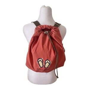 Life Is Good Orange Canvas Backpack Flip Flop Design Back Pocket drawstring